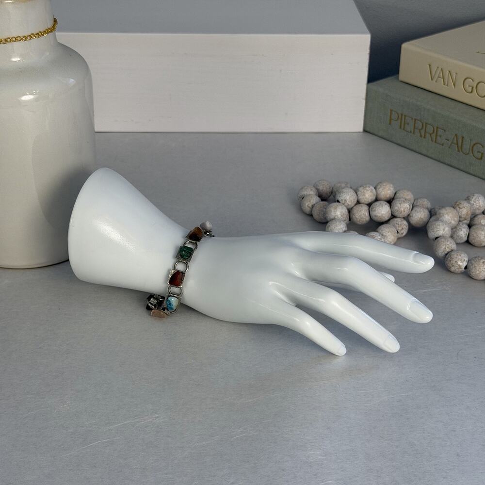 VTG 1980s Multi-Color Semi-Precious Stone 7" Beaded Silver-Tone Link Bracelet